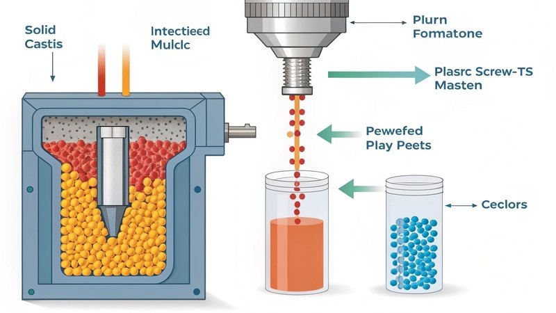A diagram showing plastic pellets being melted and injected into a mold.
