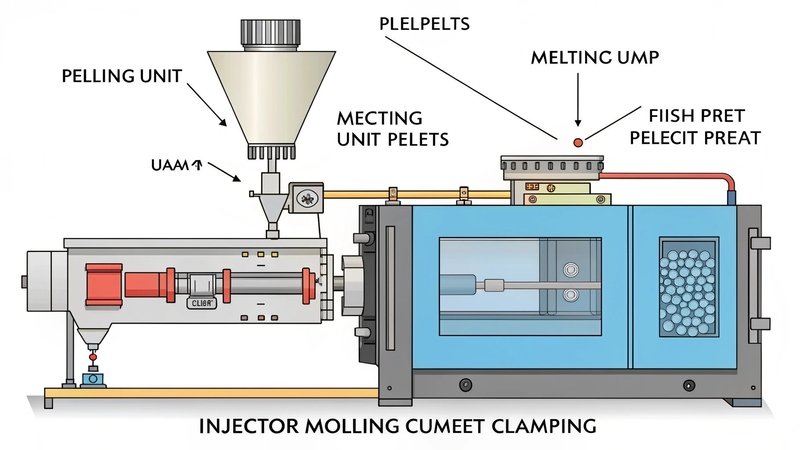 An illustration of an injection molding machine with the injection unit and clamping unit labeled.