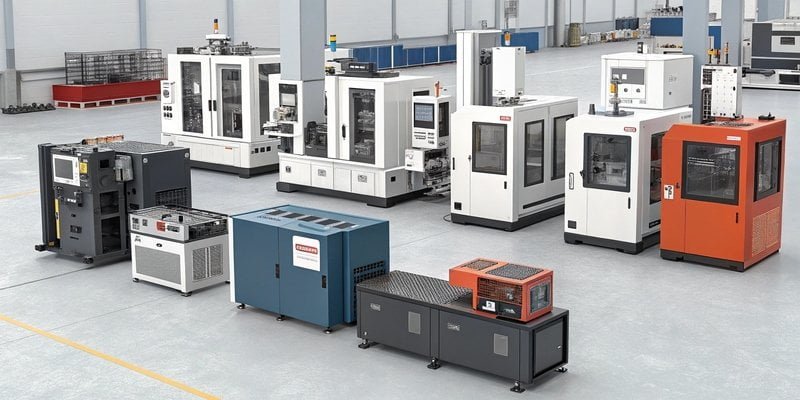 A picture of various sizes of injection molding machines on a factory floor.