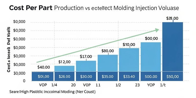 A graph showing the cost per part decreasing as production volume increases in injection molding.