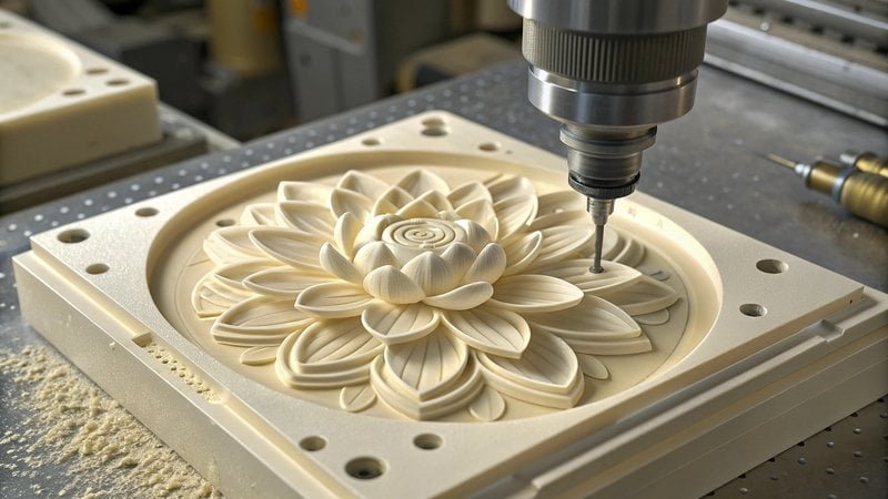 A close-up of a beautifully detailed plastic flower emerging from an injection mold.