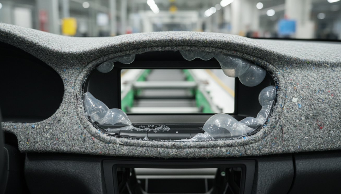 Automotive dashboard component with recycled textile surface