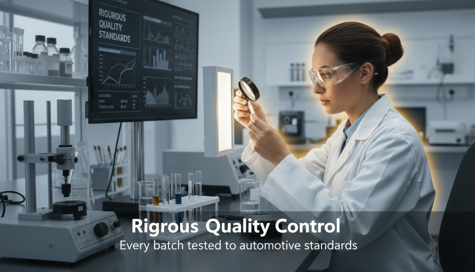 Quality control technician inspecting automotive adhesive samples