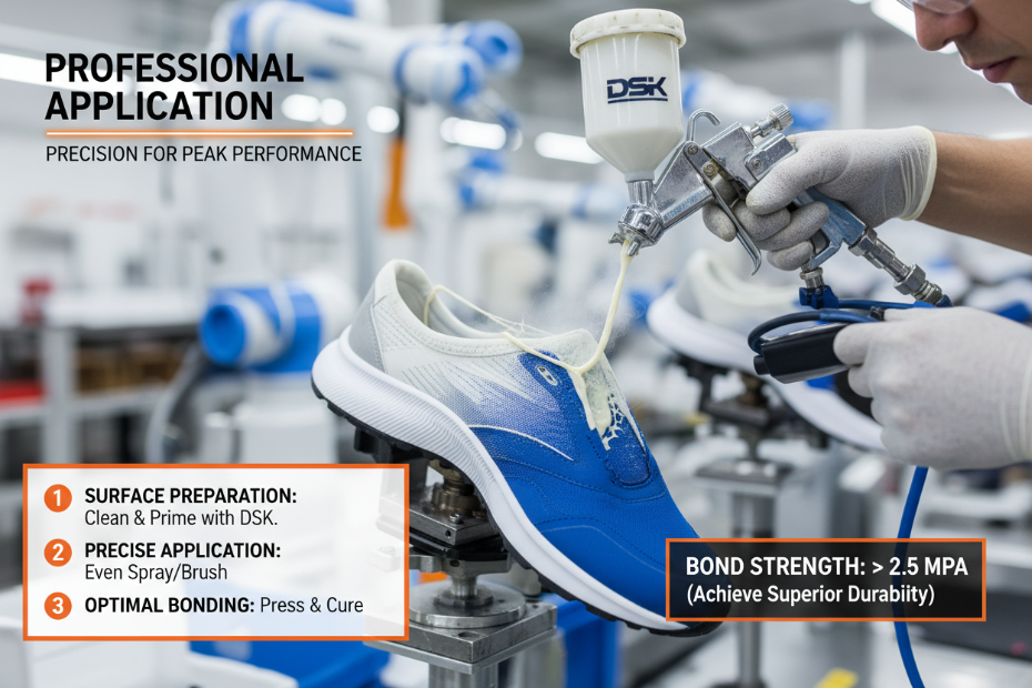 Professional adhesive application process showing DSK adhesive being applied to footwear components