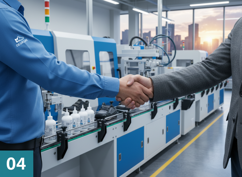 Clean organized production line with automated adhesive equipment