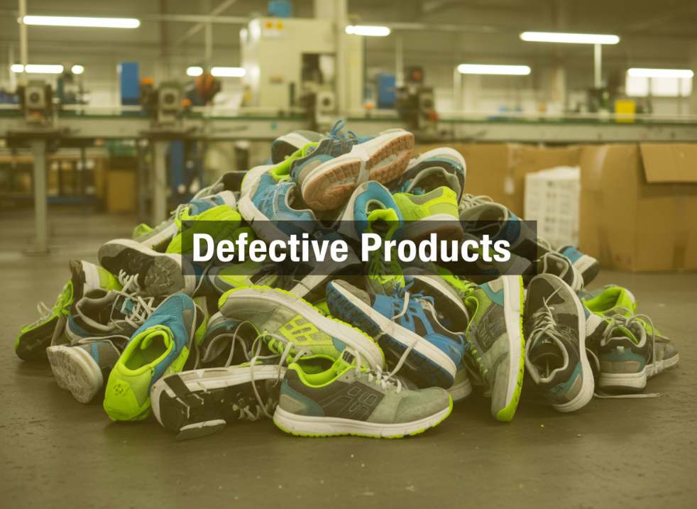 Pile of rejected shoes with inconsistent adhesion quality