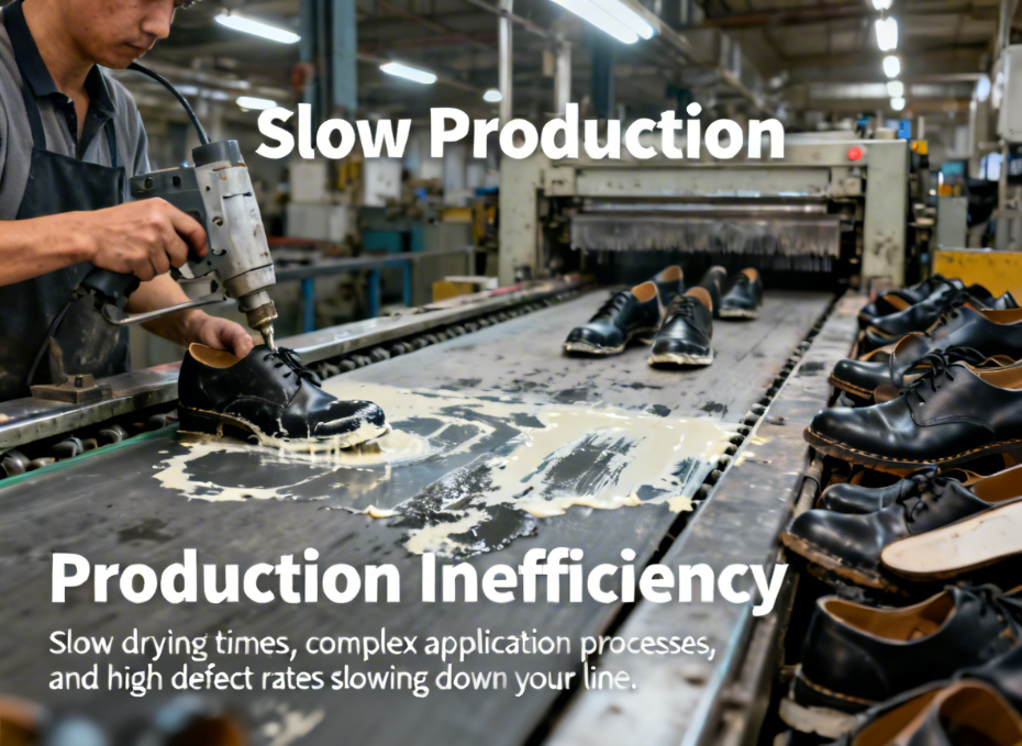 Factory production line showing inefficient adhesive application process
