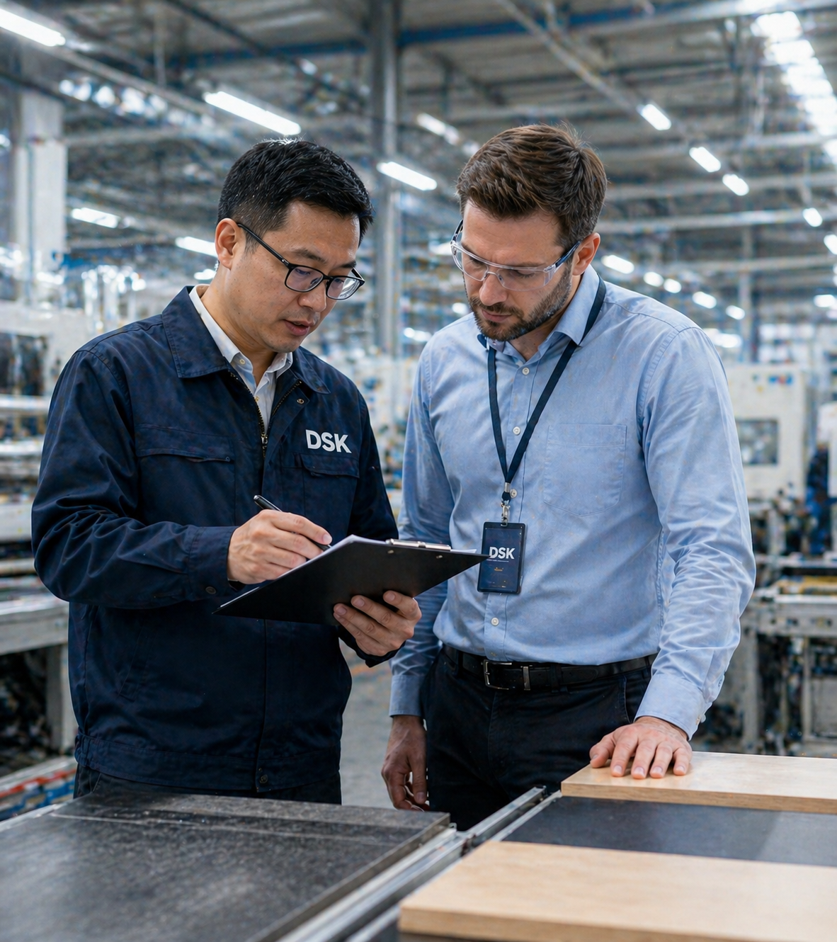 DSK technician collaborating with client on factory floor