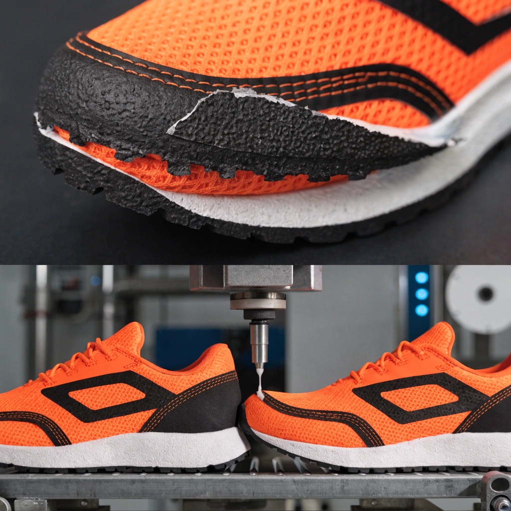 Delamination and weak adhesion showing sole peeling from shoe upper