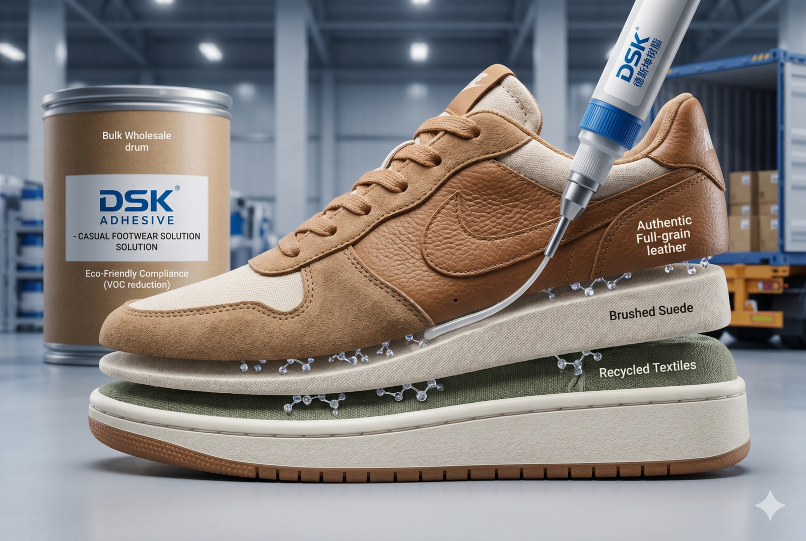Casual and fashion footwear demonstrating versatile material bonding