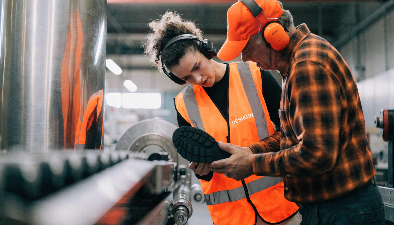 DESIKUN technician collaboratively inspecting shoe sole on production line with factory worker