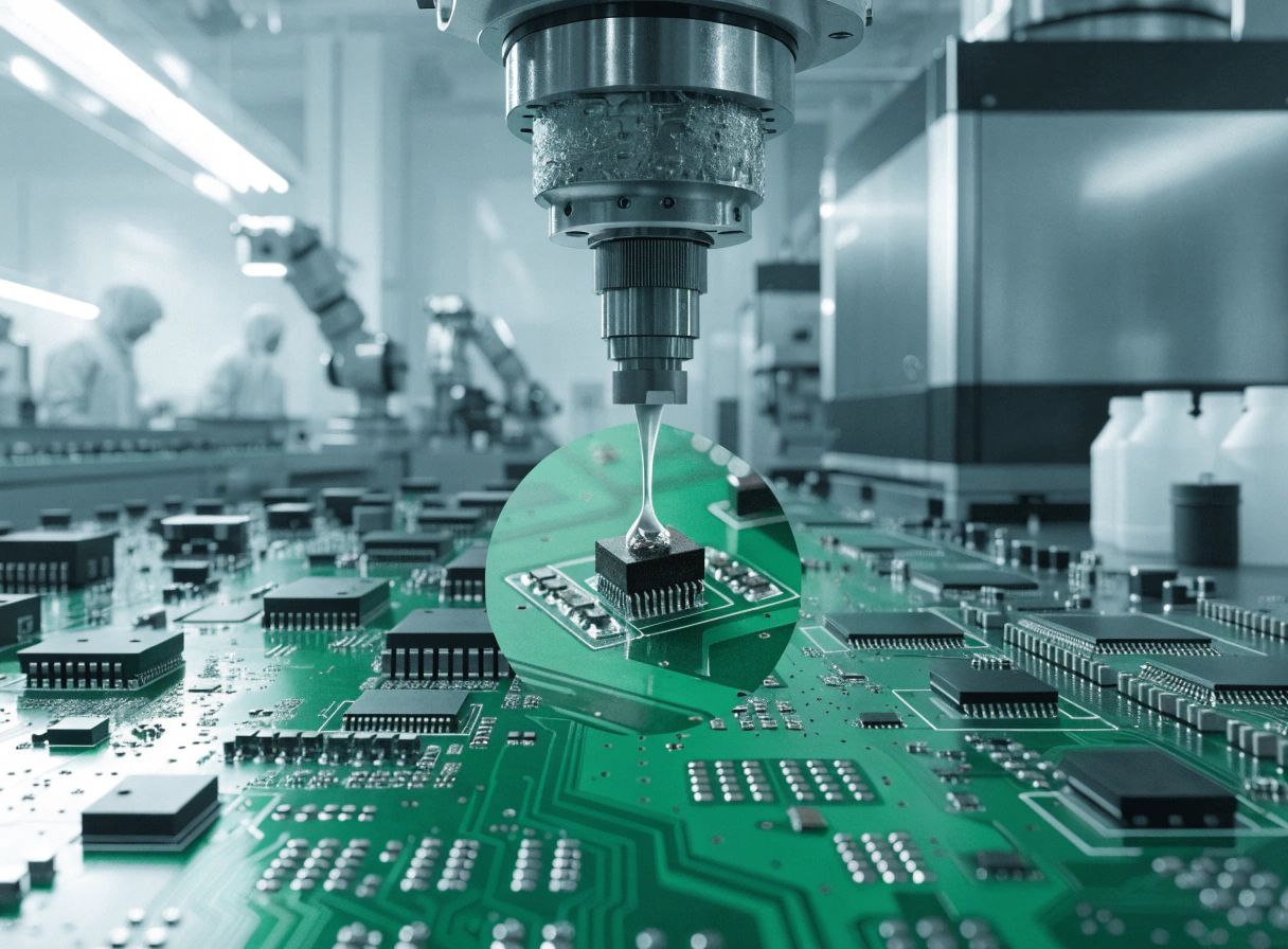 Robotic arm precisely applying adhesive to electronic PCB components