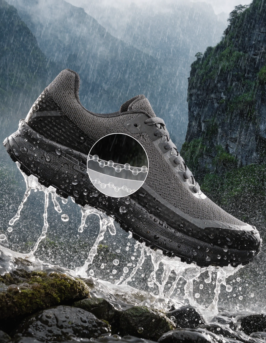 Close-up of trail running shoe on wet rocky terrain demonstrating environmental exposure