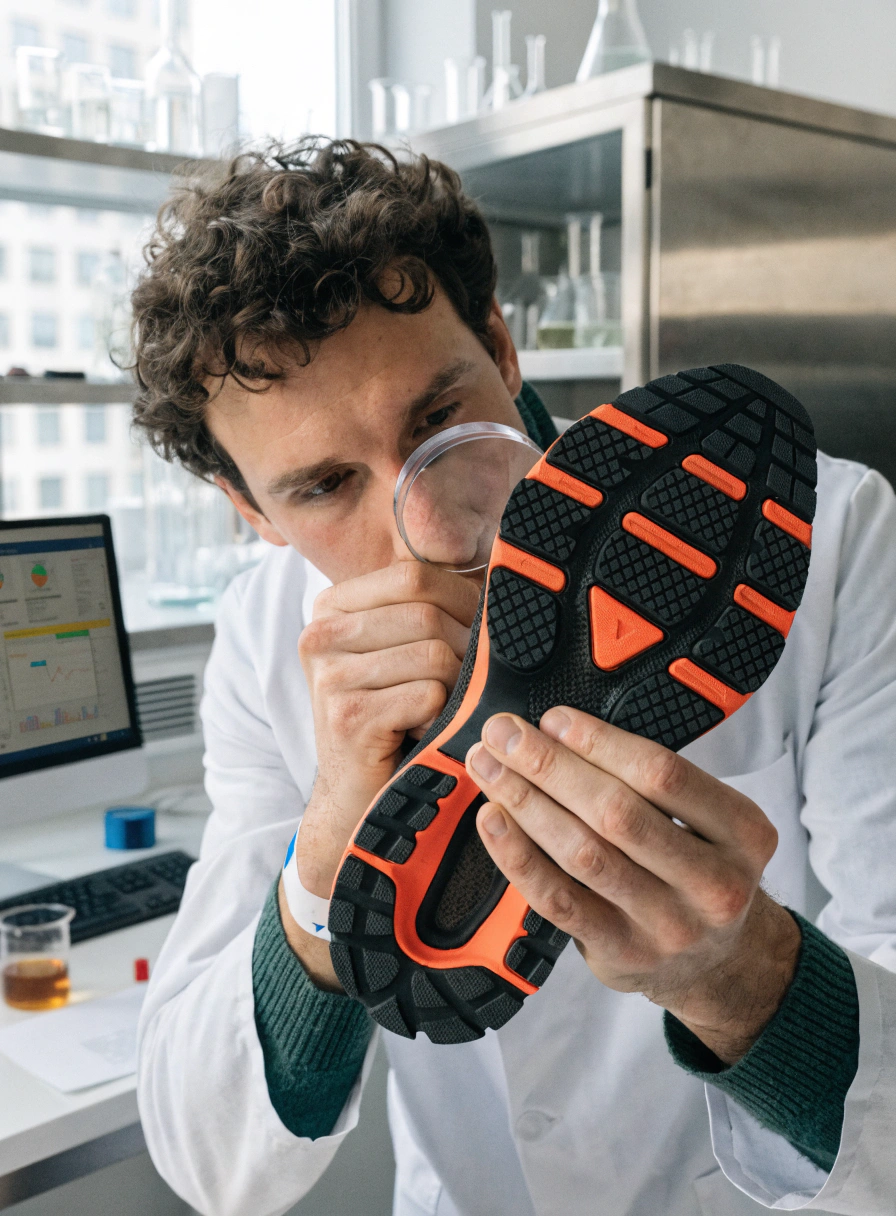 DESIKUN engineer meticulously examining a bonded shoe sole in a clean, modern laboratory environment