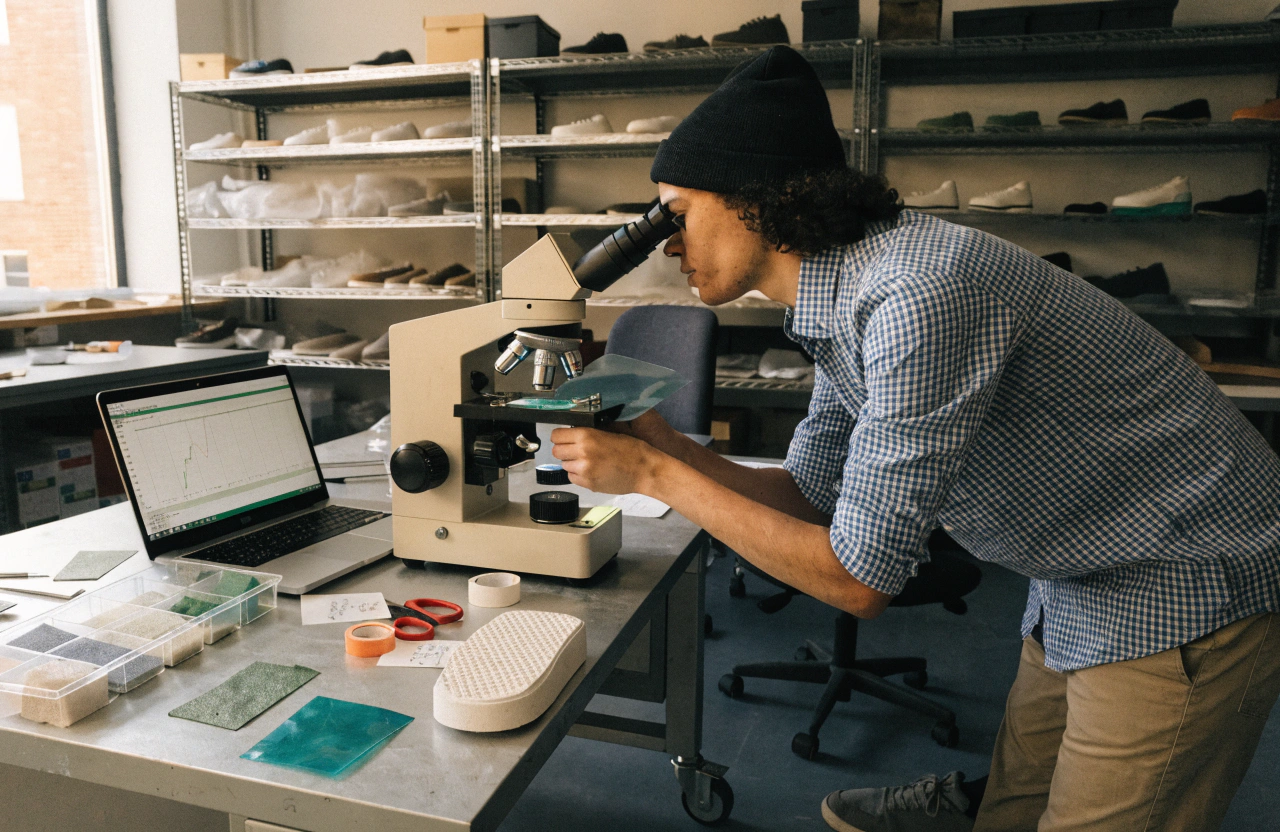 Technician analyzing shoe materials under microscope