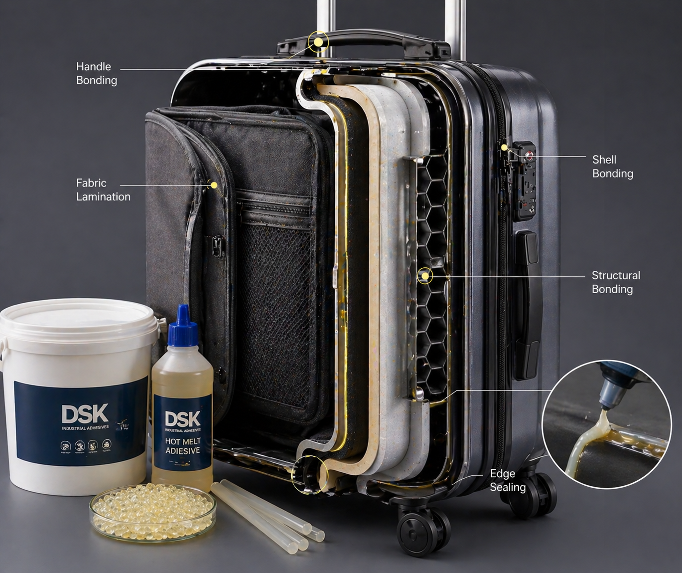 Premium luggage cross-section showing bonding points