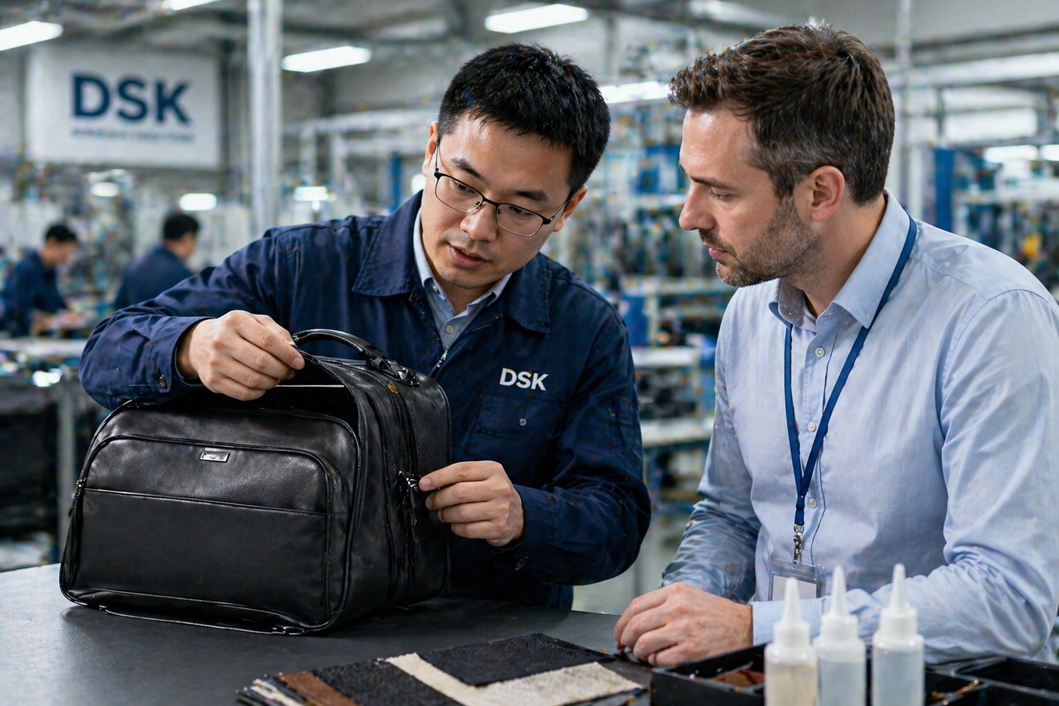 DSK technician examining bag quality with client engineer in factory setting