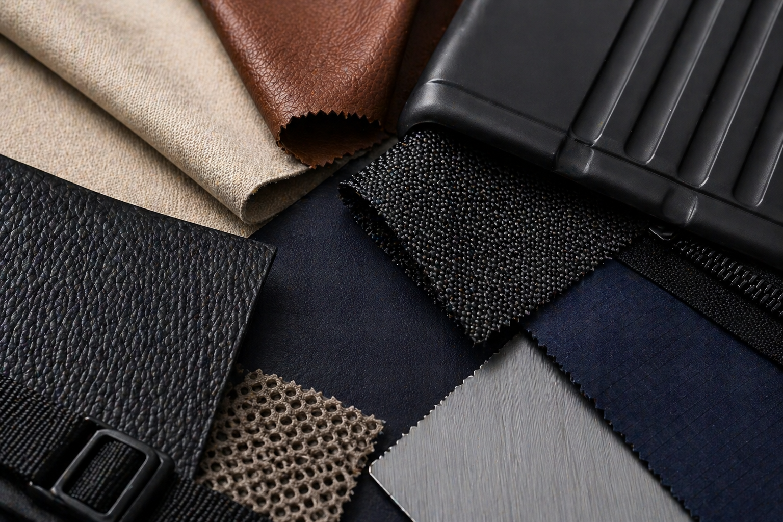 Close-up collage of bag and luggage materials including textured leather, woven nylon, and rigid polymer shells