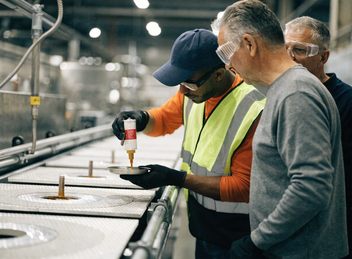 DSK technical expert in branded attire collaborating with factory manager on production line