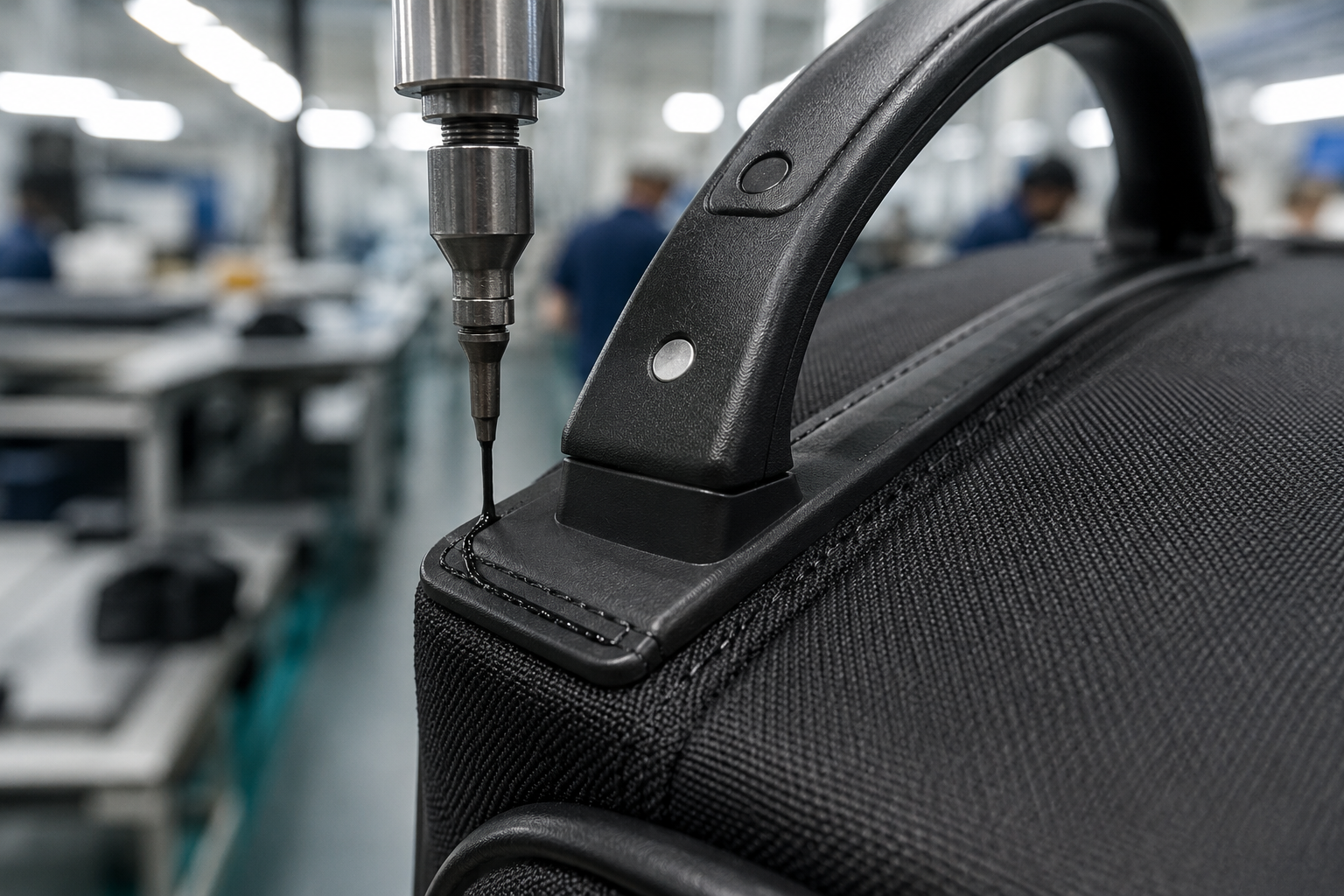 Macro shot of precisely bonded luggage handle attachment showing clean assembly line