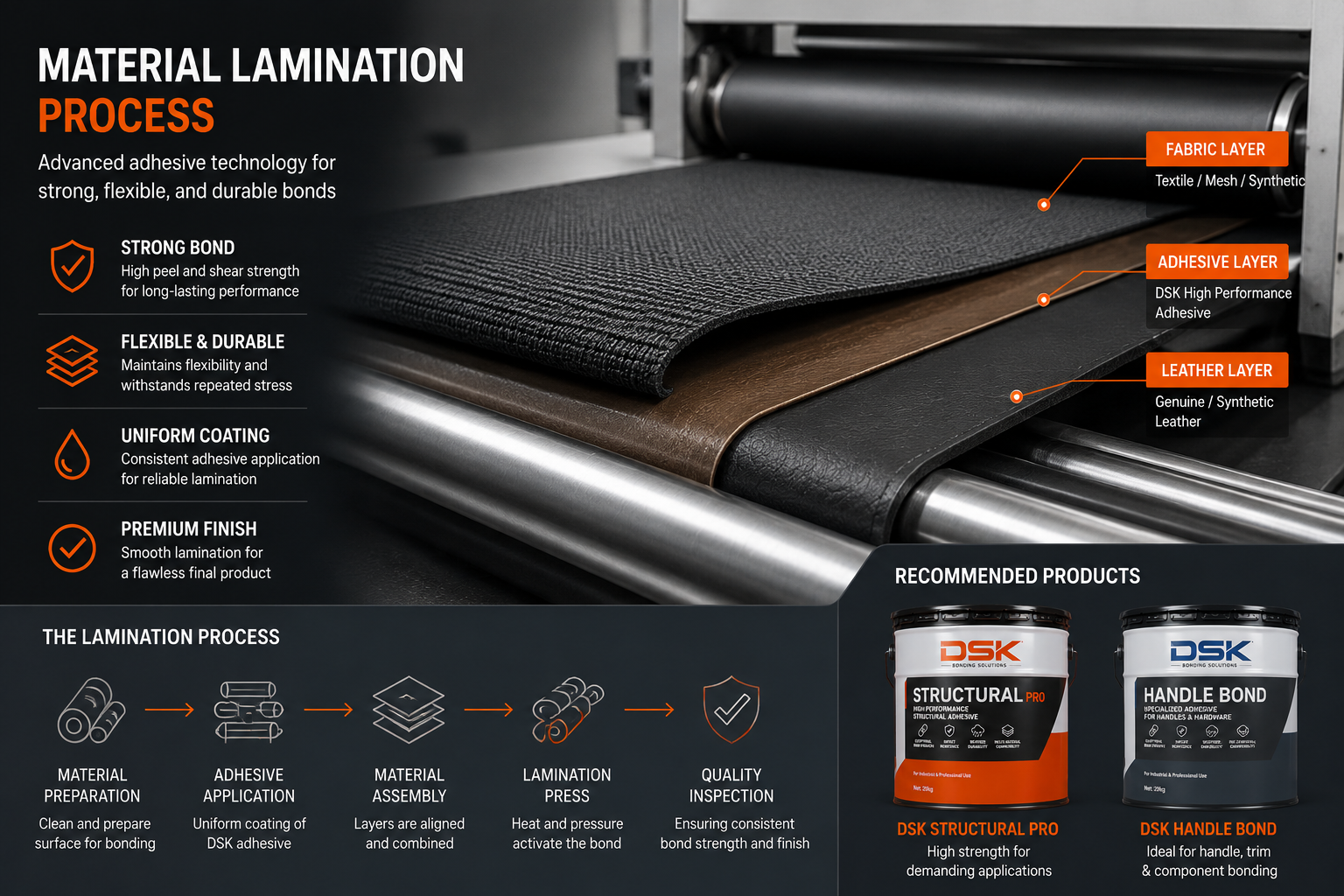 Material lamination process showing fabric and leather bonding