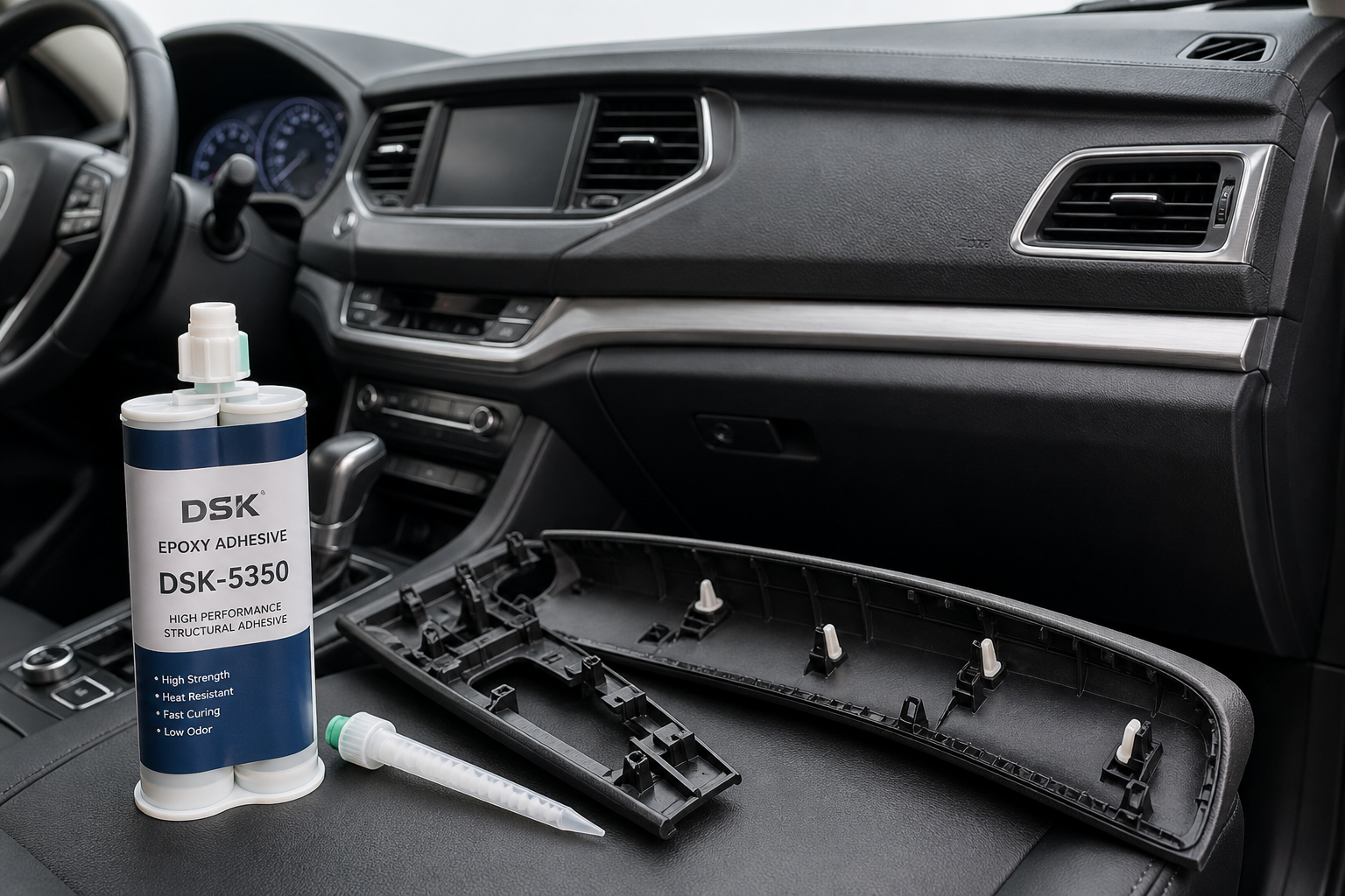 Automotive dashboard and interior components showcasing heat-resistant bonding applications