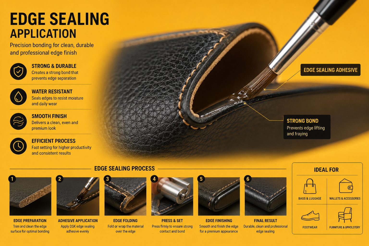 Edge sealing and folding process on leather goods