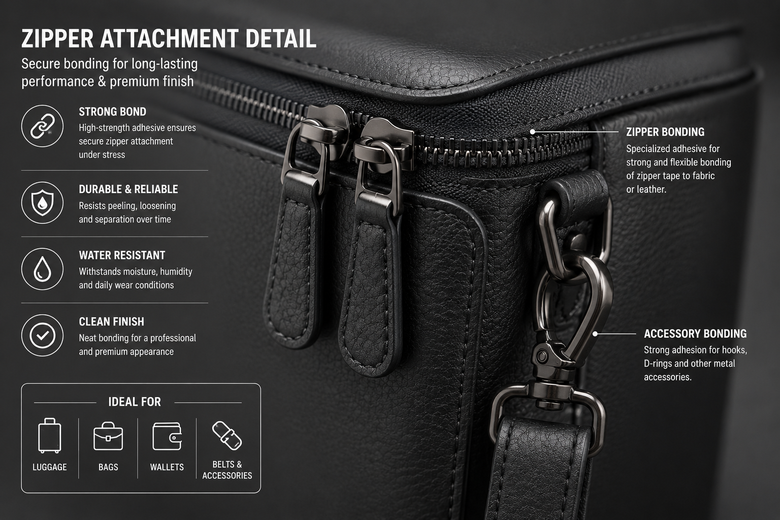 Zipper and accessory attachment on premium luggage