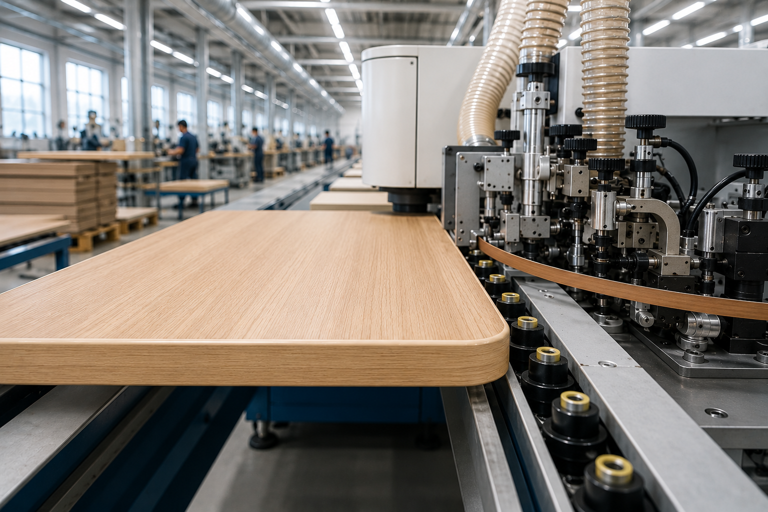 Modern furniture production line showing seamless edge banding process