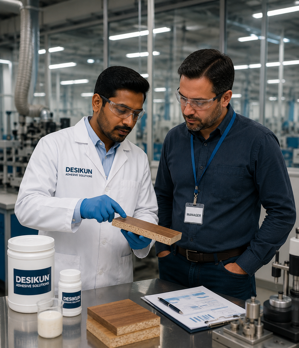 DESIKUN technician in lab coat analyzing bonded wood sample with factory manager