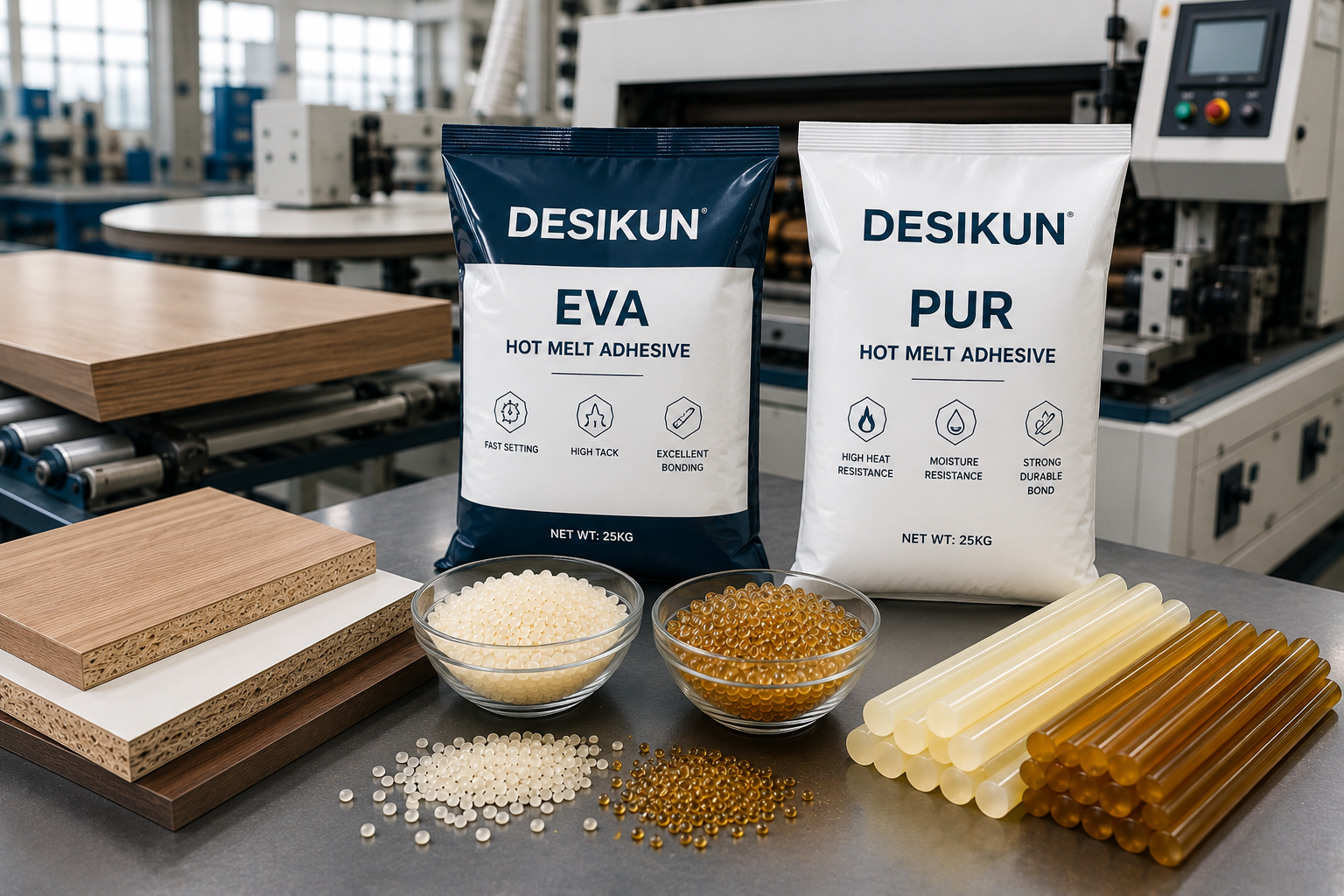 Hot-melt adhesive products including EVA and PUR systems for furniture manufacturing