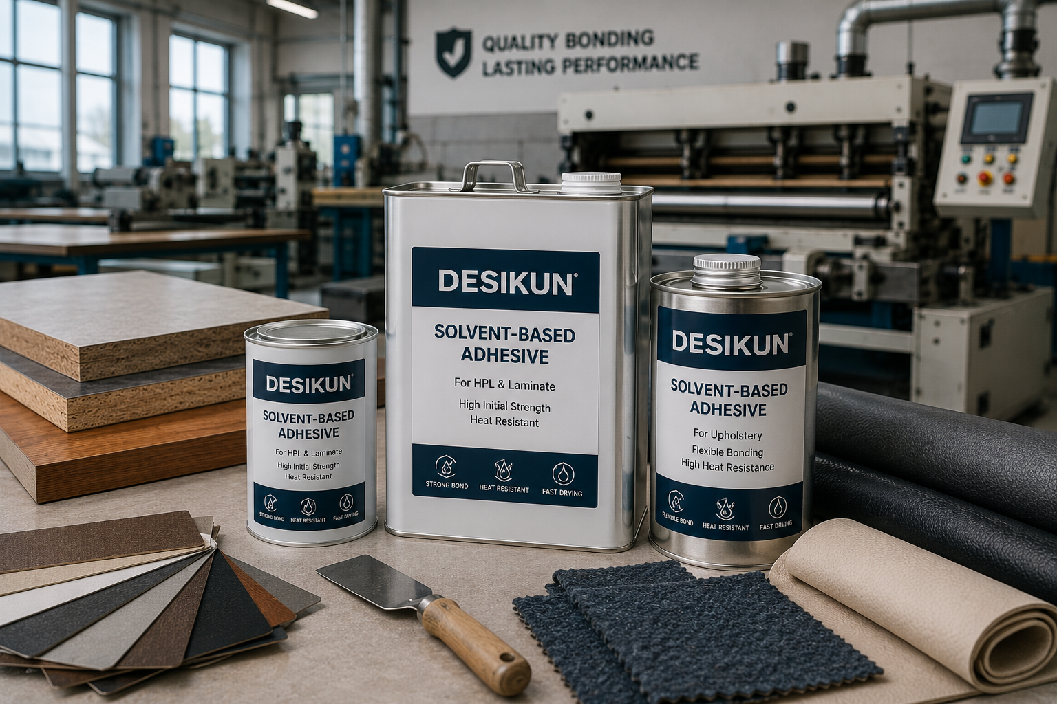 Solvent-based adhesive products for high-pressure laminate and upholstery applications