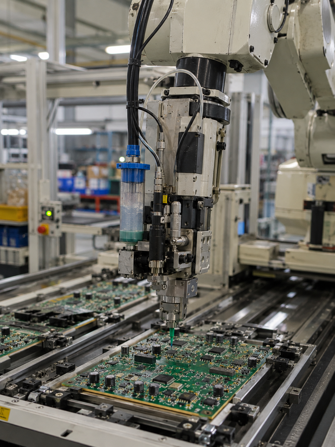 Robotic arm precisely dispensing adhesive onto electronic circuit board during mass production