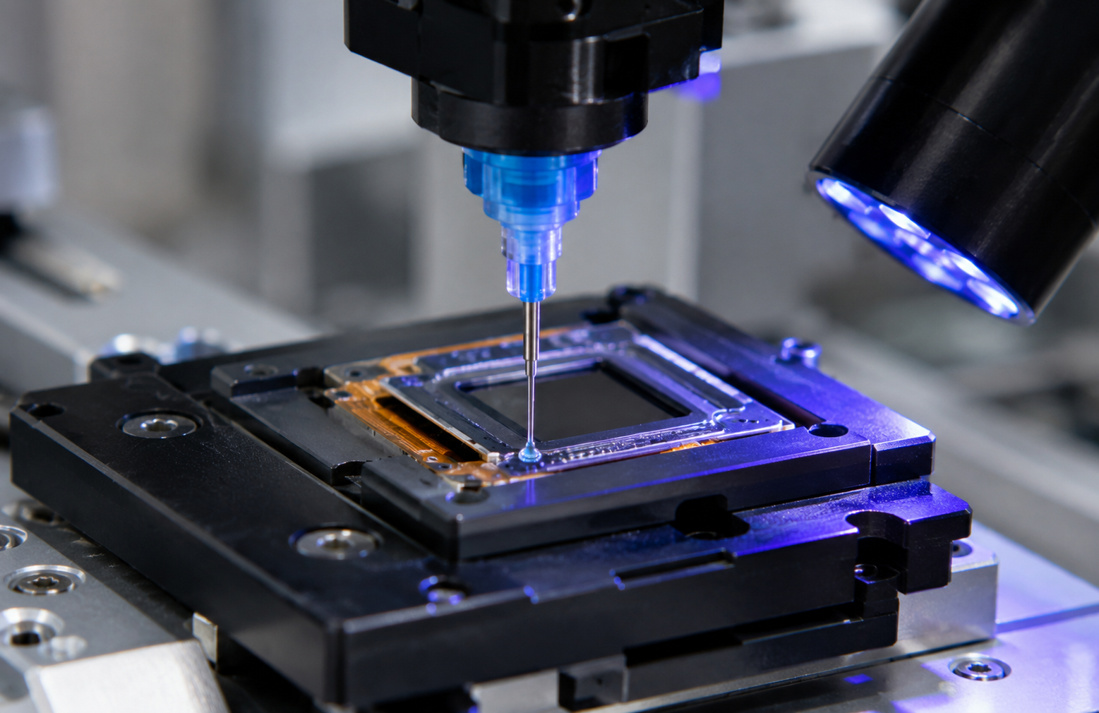 UV-curable adhesive precision application process