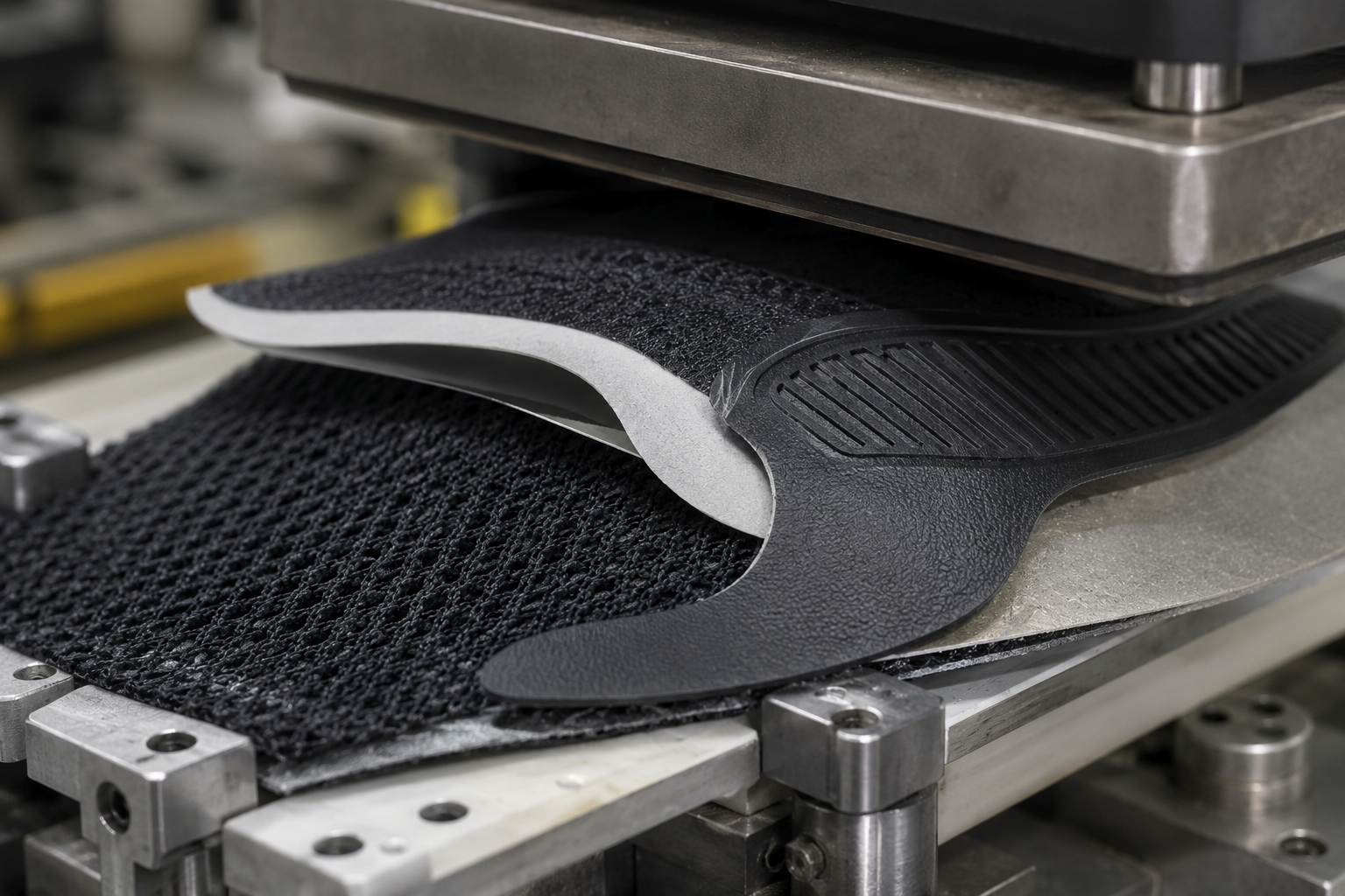 Footwear lamination process showing material layers