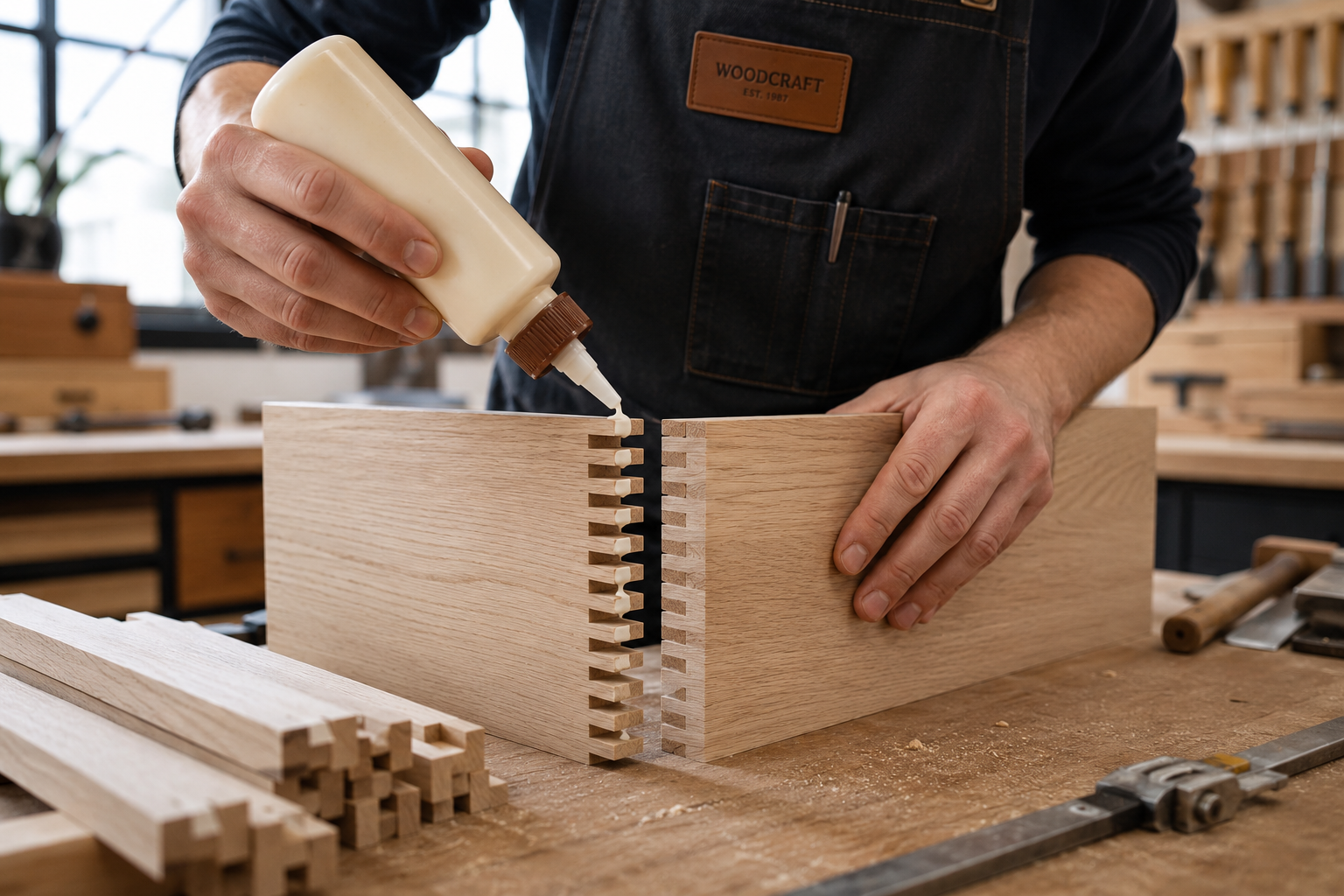 Professional woodworking adhesive application showing precise finger jointing in modern workshop environment