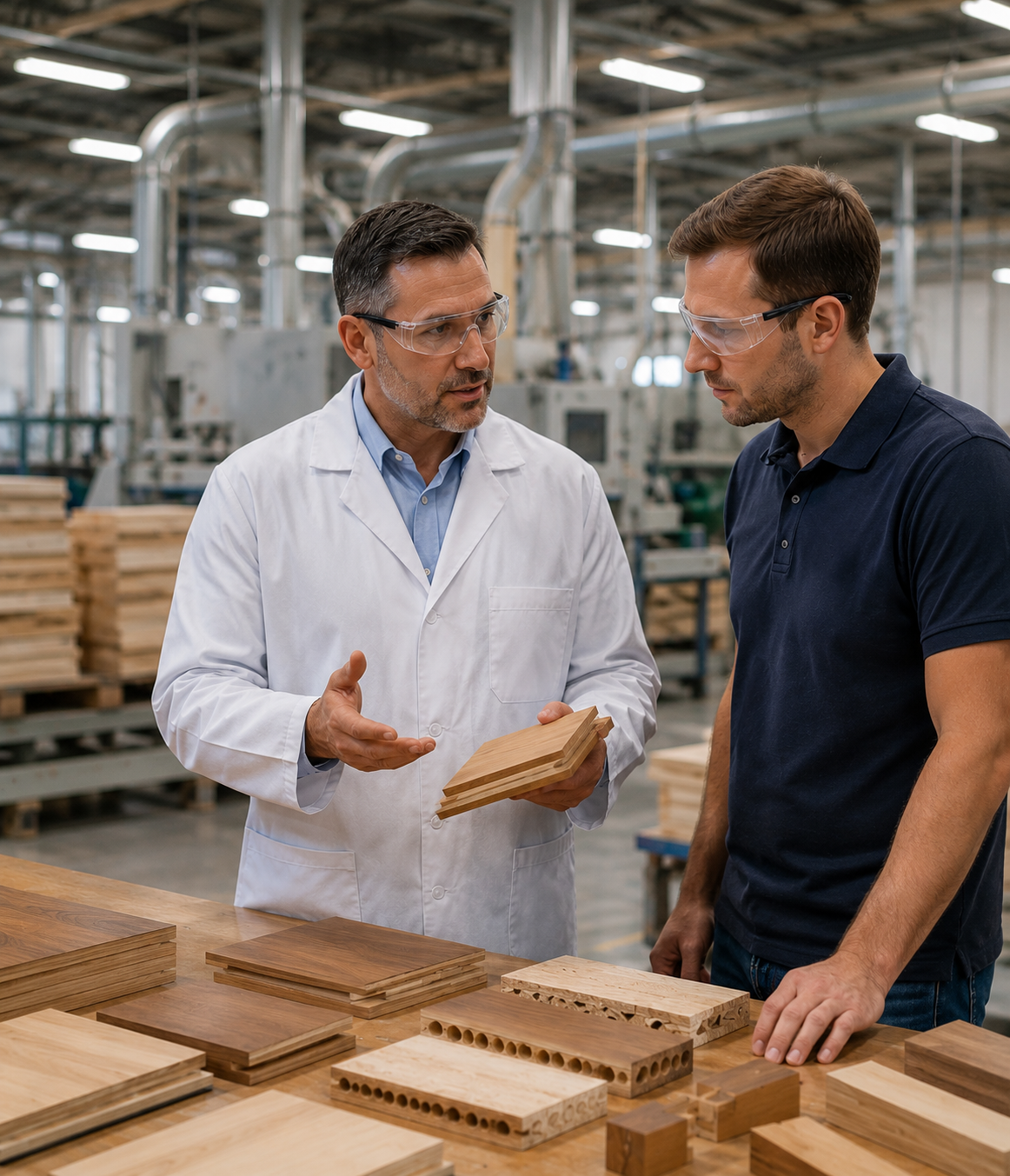 DSK technical expert in lab coat consulting with client about woodworking adhesive solutions